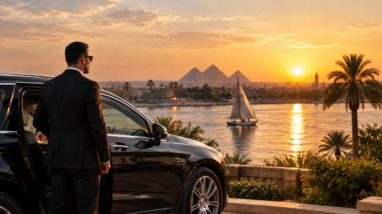 A driver in a dark suit holding a car door on a riverside terrace at sunset, the Pyramids on the horizon