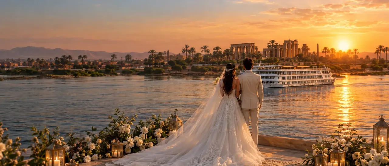 A bride and groom seen from behind on a flower-lined terrace by the Nile at sunset, a river ship and temple ruins on the far bank