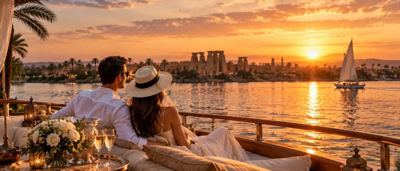 A couple resting on the cushioned deck of a private boat on the Nile at sunset, a felucca and temple ruins on the far bank
