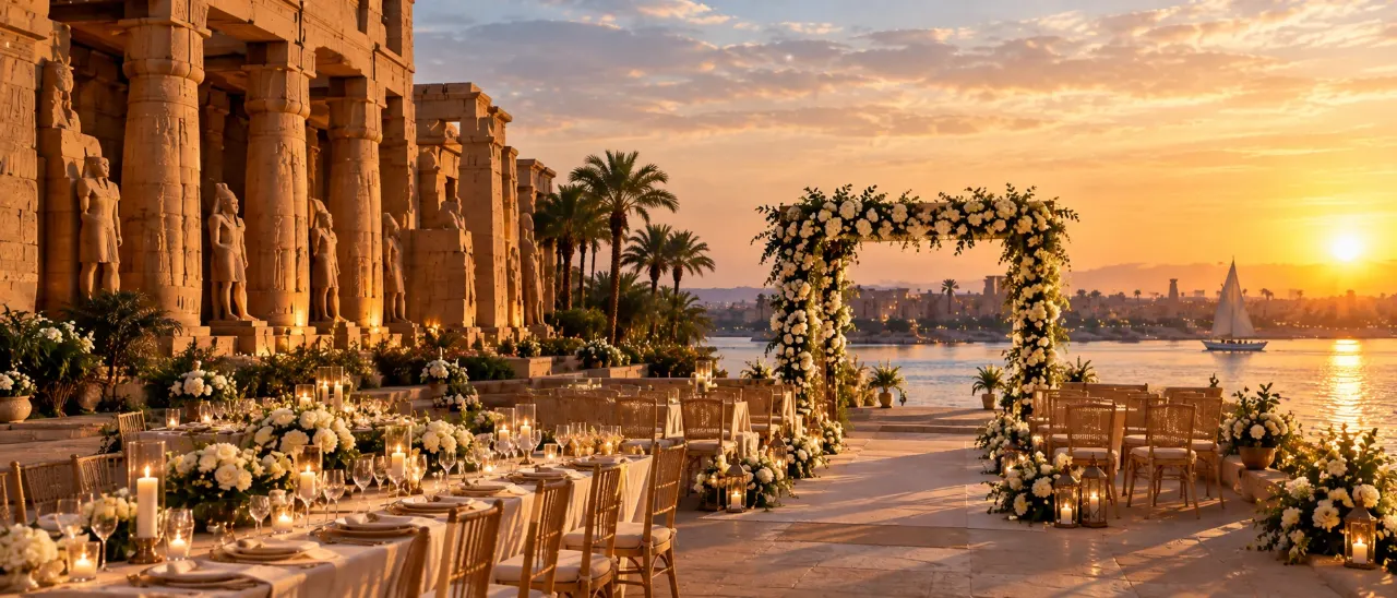A wedding set on a stone terrace beside a temple colonnade: a floral arch facing the Nile, chairs and candlelit tables at sunset