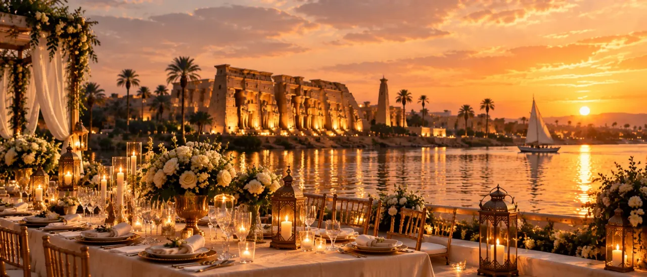 A candlelit table on a riverside terrace at sunset, a floodlit temple across the water and a felucca under sail