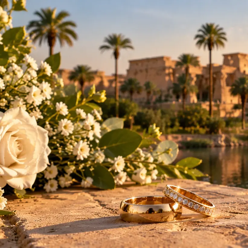 Two wedding rings on a sun-warmed stone ledge beside white roses, temple ruins and palms by the river behind