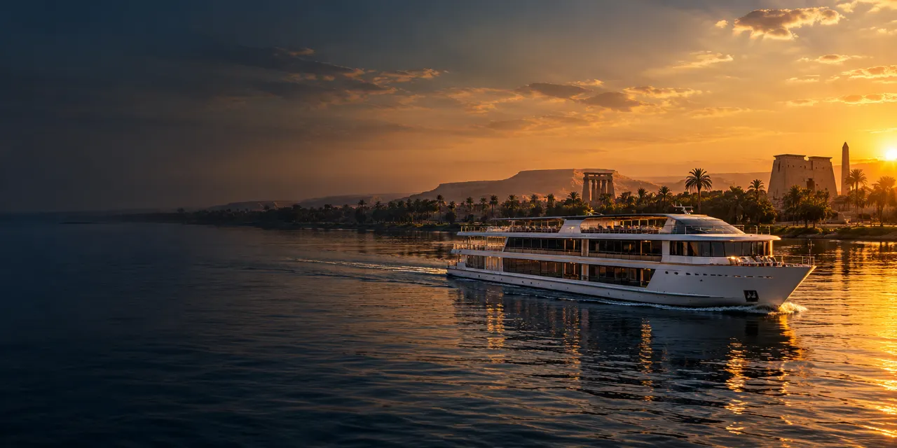 A Nile ship under way at sunset, temple ruins and palms on the bank behind it