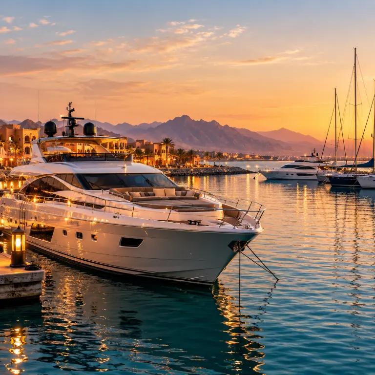 A yacht moored in a marina at dusk, its deck lights on