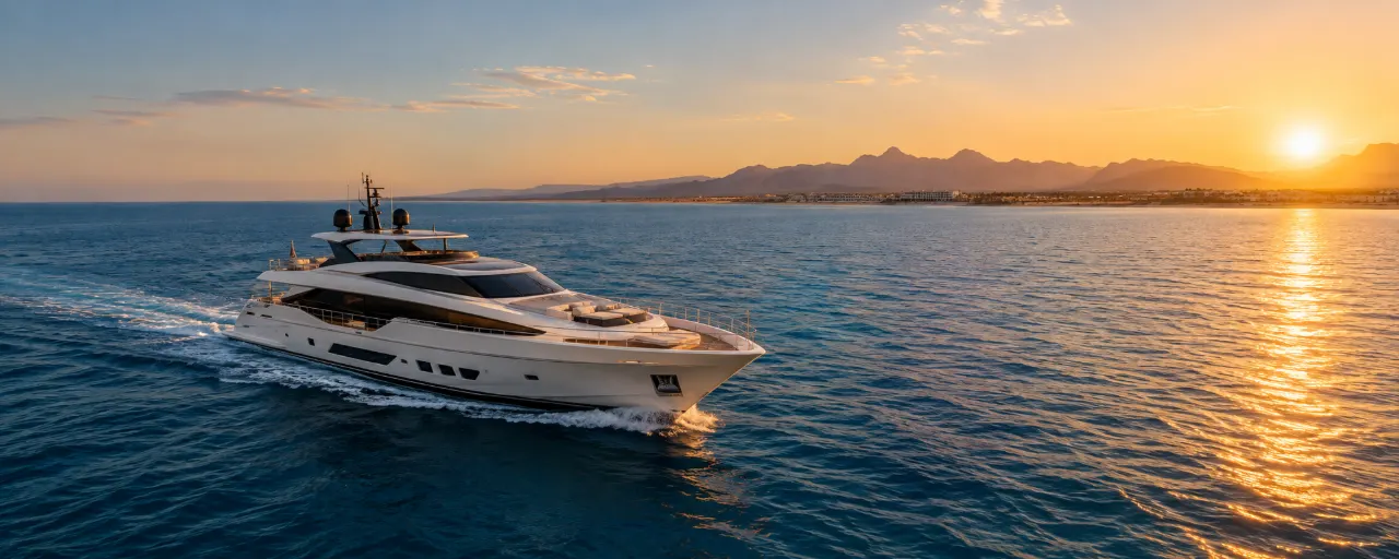 A motor yacht under way on open water at sunset, mountains on the far shore