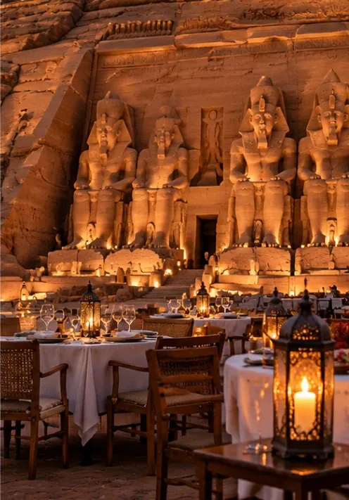 Tables dressed in white with lanterns before the floodlit statues of Ramesses II at Abu Simbel