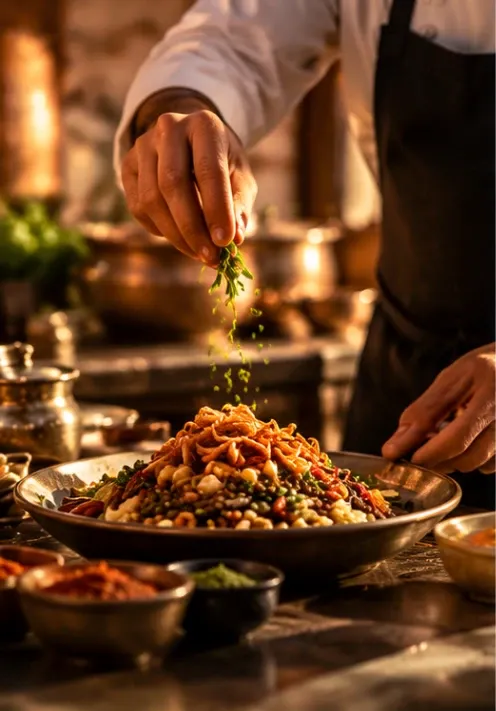 A chef in a dark apron scattering herbs over a dish of koshari, with bowls of spices on the counter