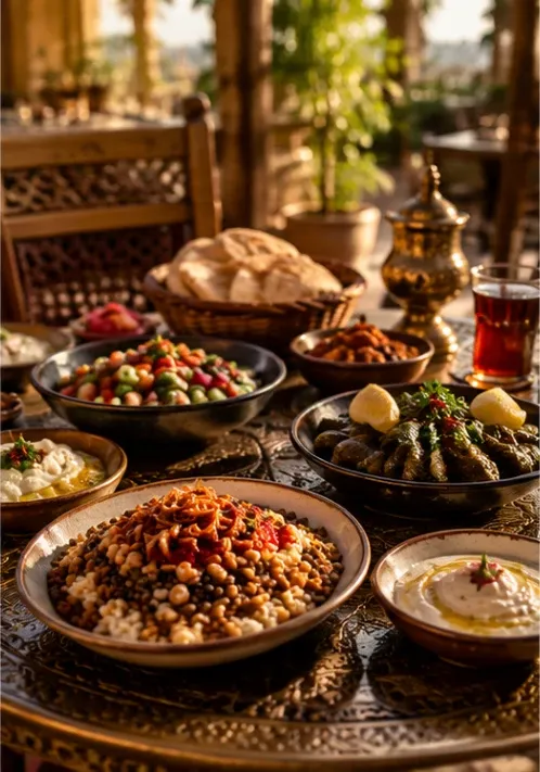 An Egyptian table set with koshari, stuffed vine leaves, salads, dips, flatbread and a glass of red tea