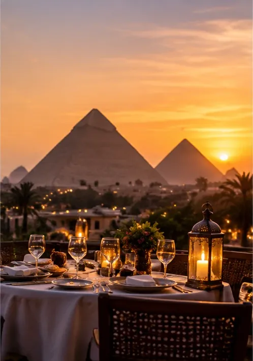A candlelit table laid for dinner on a terrace, with the Pyramids of Giza against the sunset