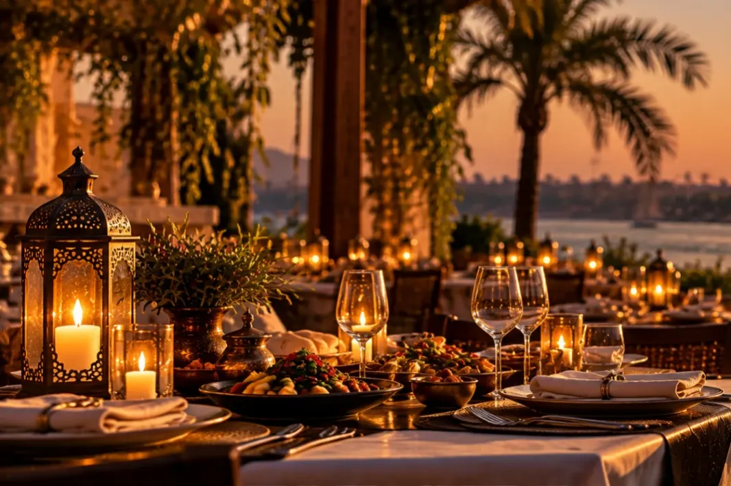 A table laid for dinner with lanterns and candles on a terrace above the Nile at sunset