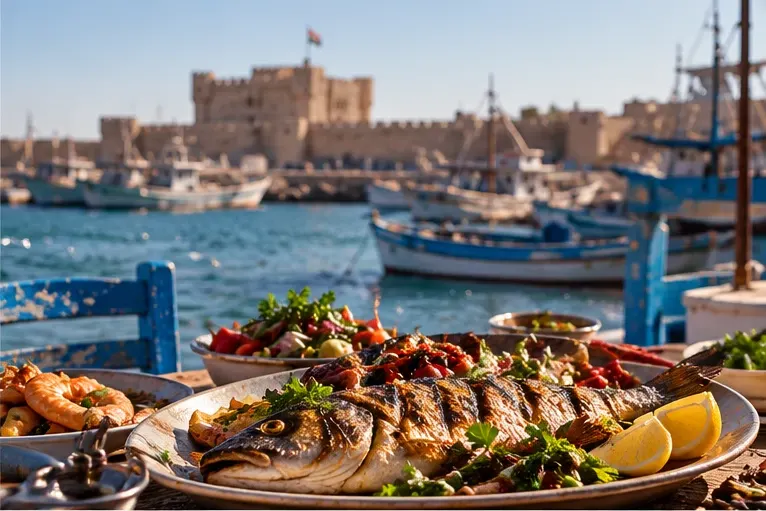 A whole grilled fish with lemon and herbs on a harbourside table, fishing boats and a stone fort across the water