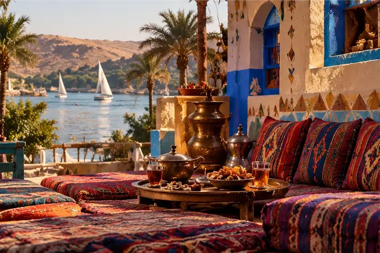 A brass tea table and striped cushions on the terrace of a painted Nubian house above the Nile, with sailing boats on the river