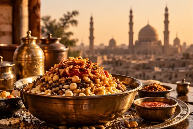 A brass bowl of koshari with small dishes of sauce on a rooftop table, minarets and a dome in the evening haze beyond