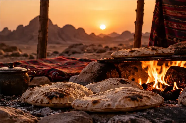 Flatbreads baking on stones beside an open fire in a desert camp as the sun sets behind the mountains