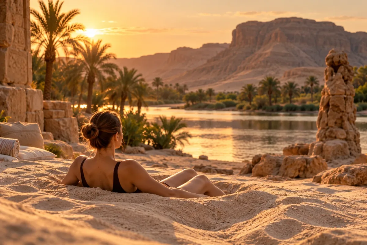 A traveller resting in a hollow of warm sand on a palm-lined riverbank at sunset