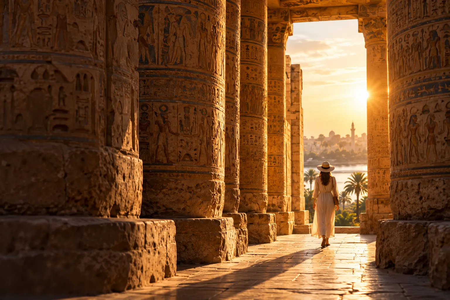 Traveller walking through a sunlit temple colonnade towards the Nile in Egypt
