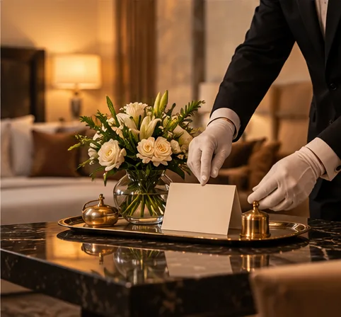 Butler in white gloves placing flowers and a card in a luxury suite