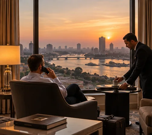 Executive on a call in a Cairo suite overlooking the Nile at sunset