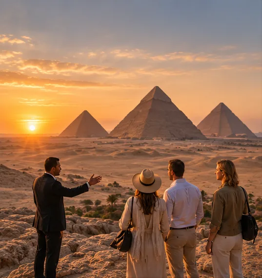 Guide with guests overlooking the Giza pyramids at sunset