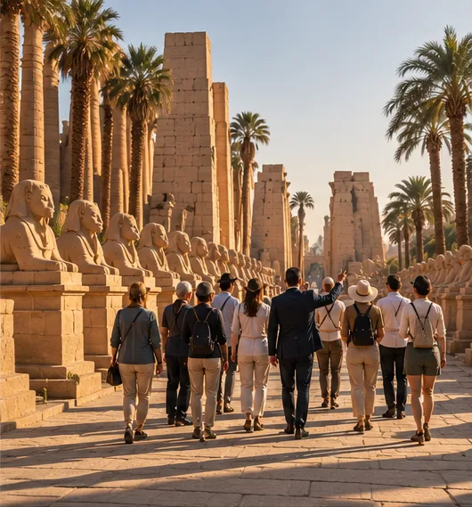 Small group walking the avenue of sphinxes in Luxor