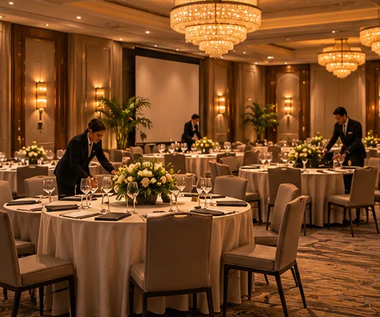 Hotel ballroom prepared for a conference dinner in Cairo