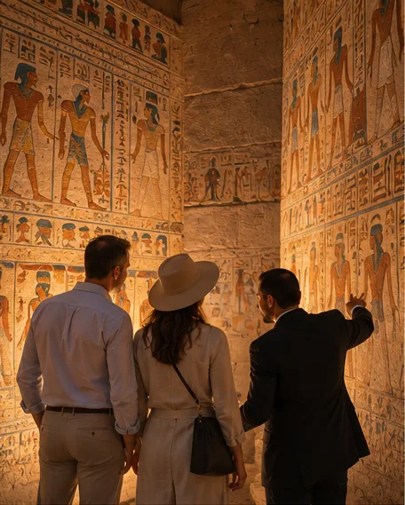Egyptologist showing a couple painted reliefs inside a tomb