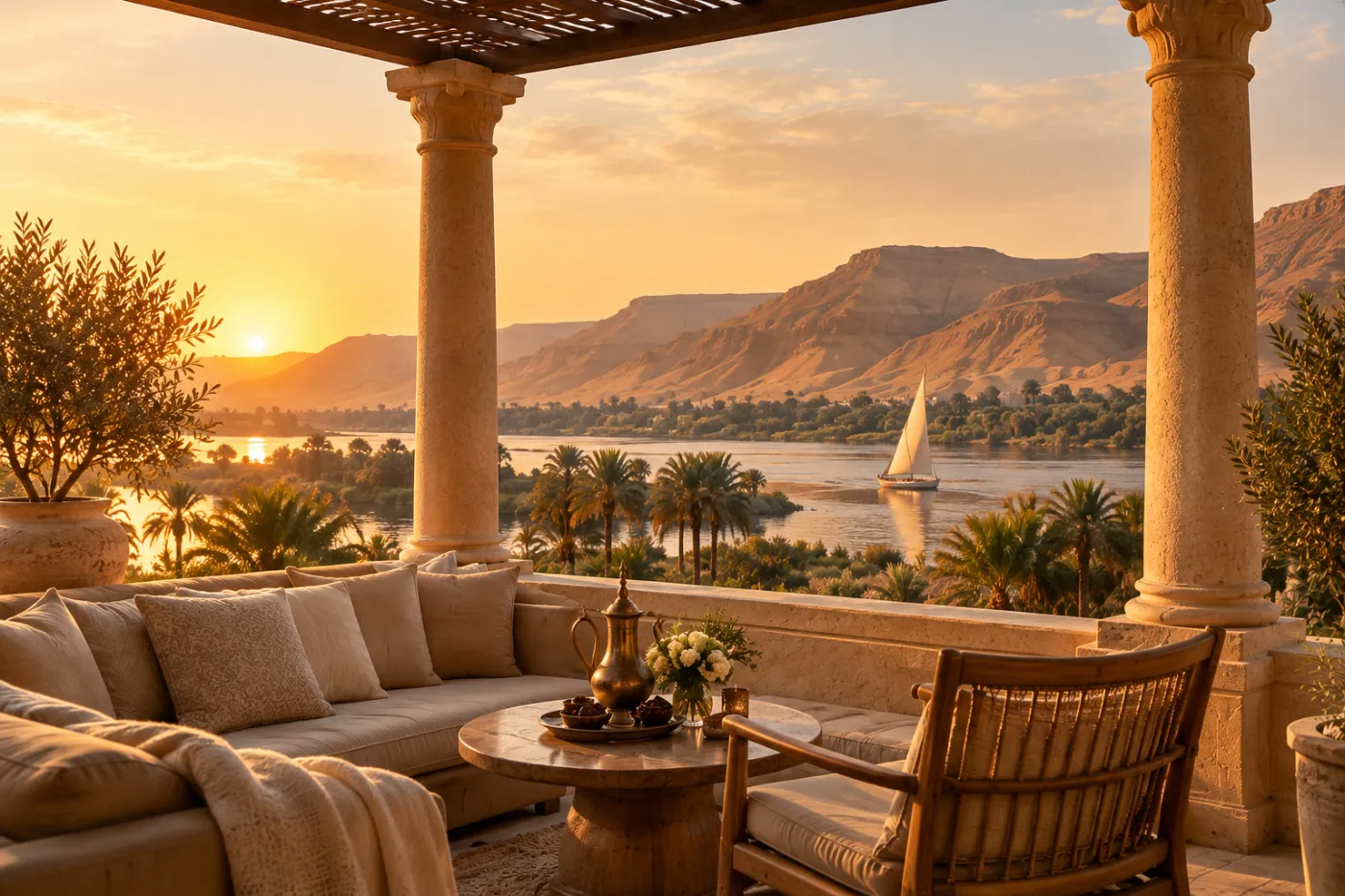 Shaded terrace overlooking the Nile and desert hills at sunset