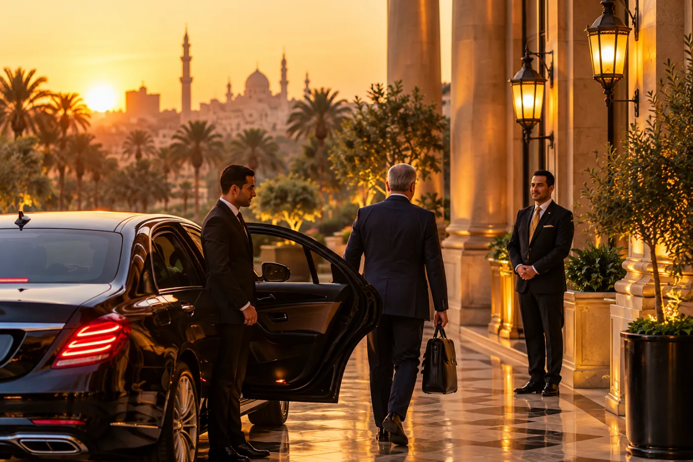 Executive arriving by private car at a luxury Cairo hotel at dusk