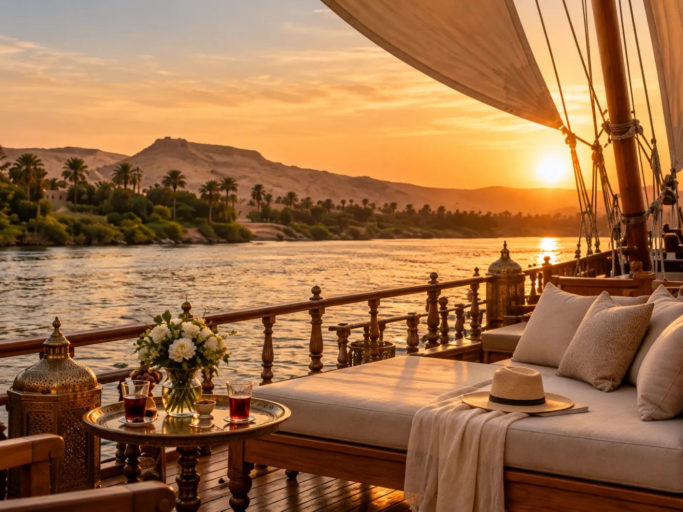 Private dahabiya deck set for two on the Nile at sunset