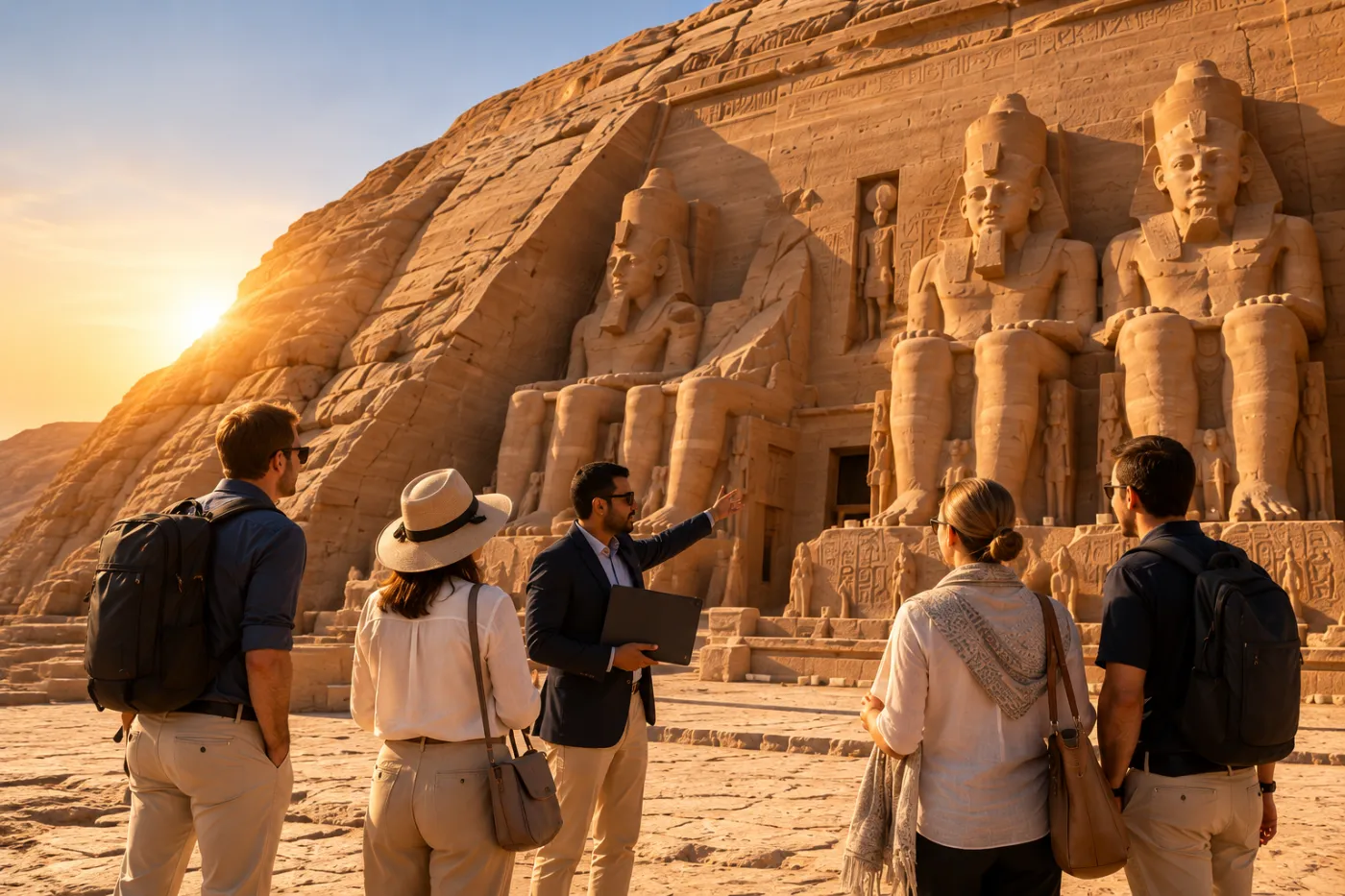 Guide leading a small group at the temple of Abu Simbel