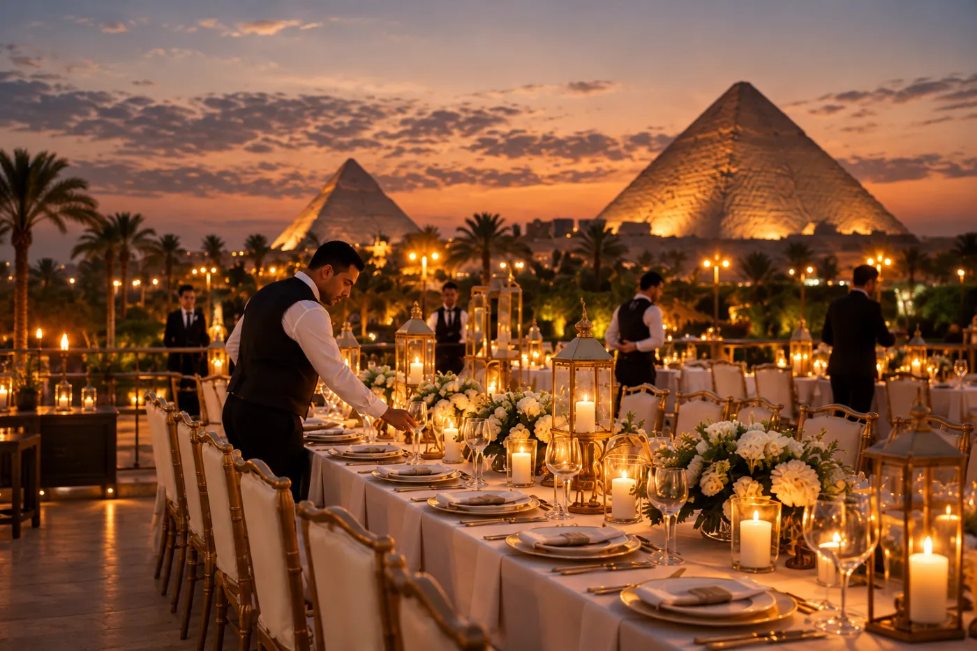 Candlelit gala dinner set facing the illuminated Giza pyramids