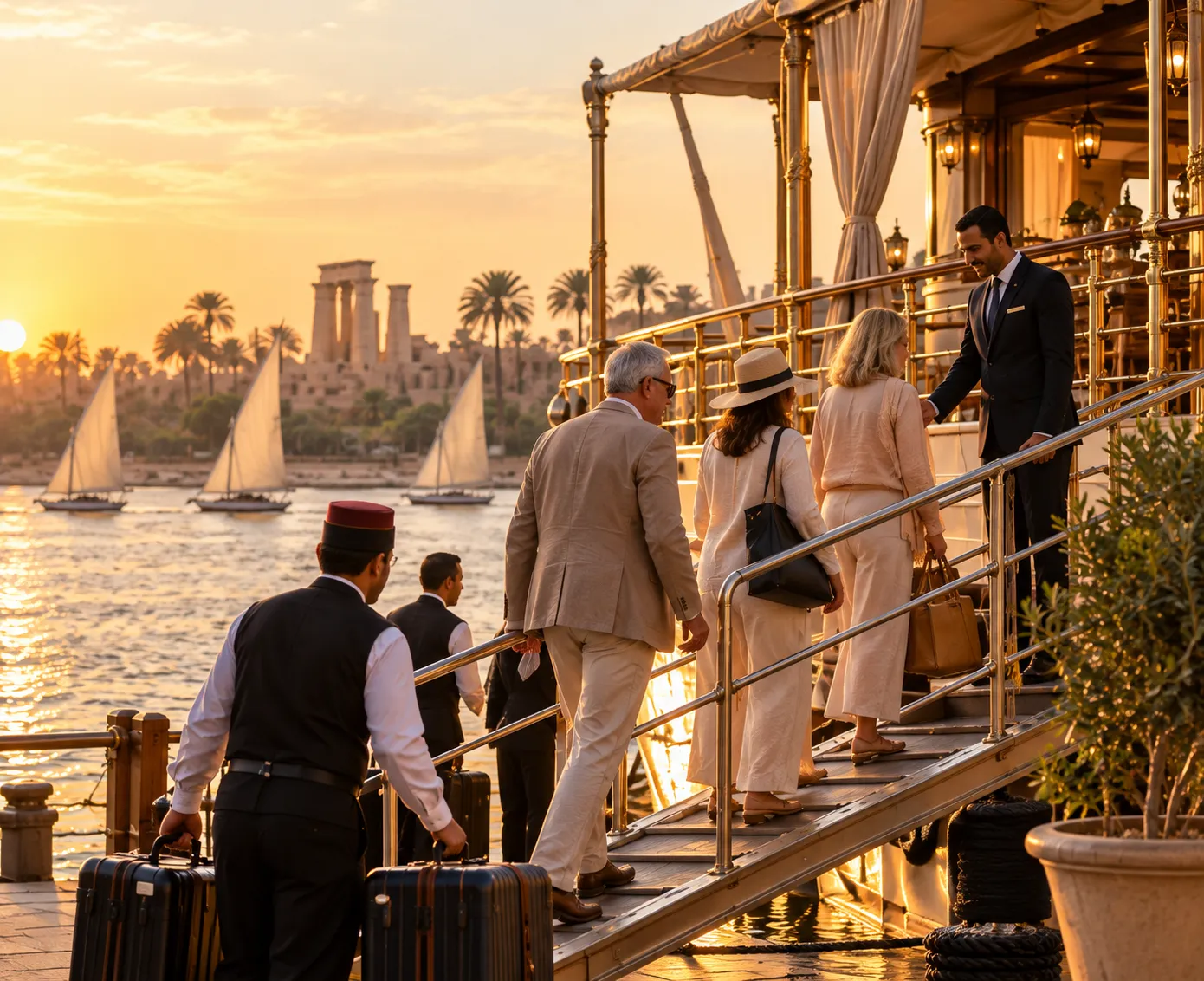 Guests boarding a luxury Nile cruise at golden hour with crew assisting