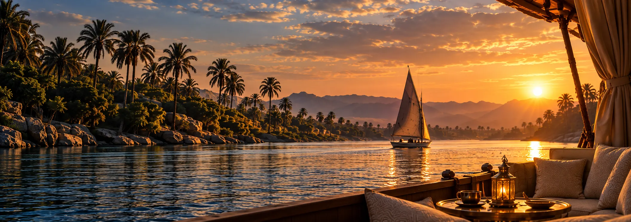 The Nile at dusk seen from the canopied lounge of a dahabiya, a felucca under sail mid-river and a lantern lit on the table