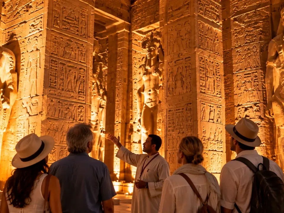 A guide in a lamp-lit temple hall pointing out carved reliefs to a small group of travellers