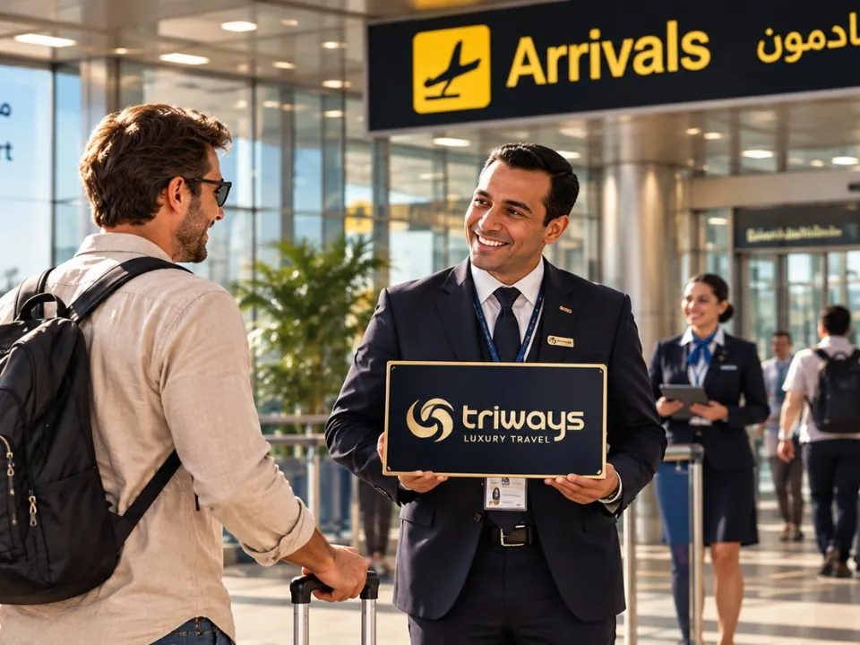 A Triways representative holding a name board greets a traveller in an airport arrivals hall