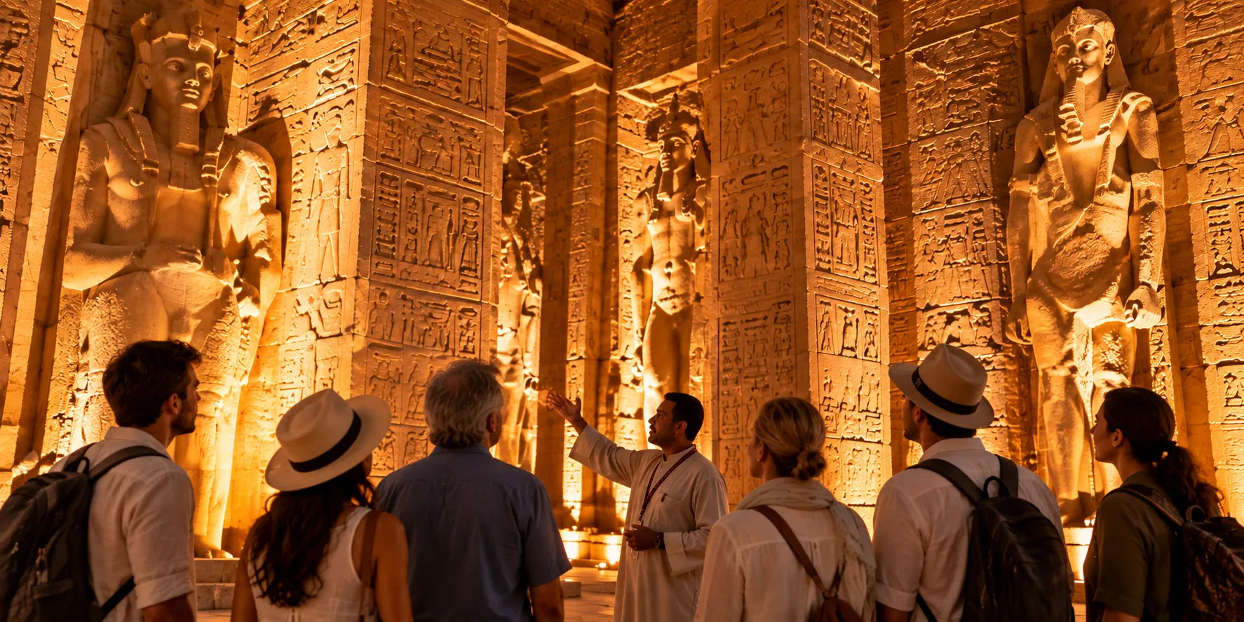 A guide explaining the carved columns and colossal statues of a lamp-lit temple hall to a small group
