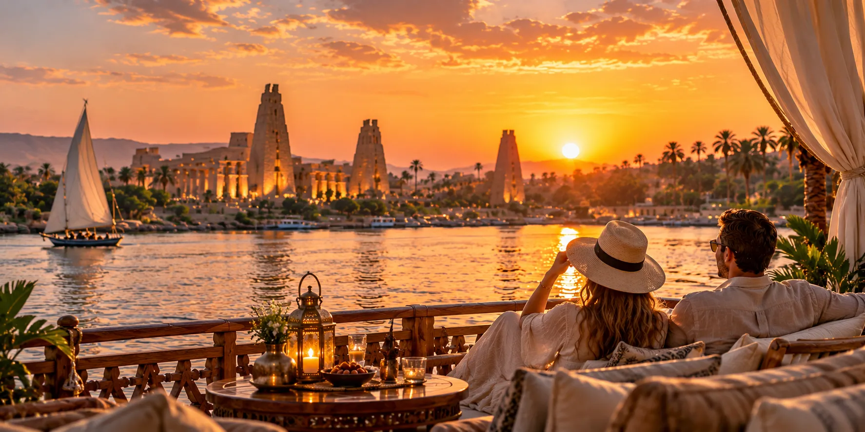 A couple on a lantern-lit terrace watching the sun set over the Nile and a temple on the far bank