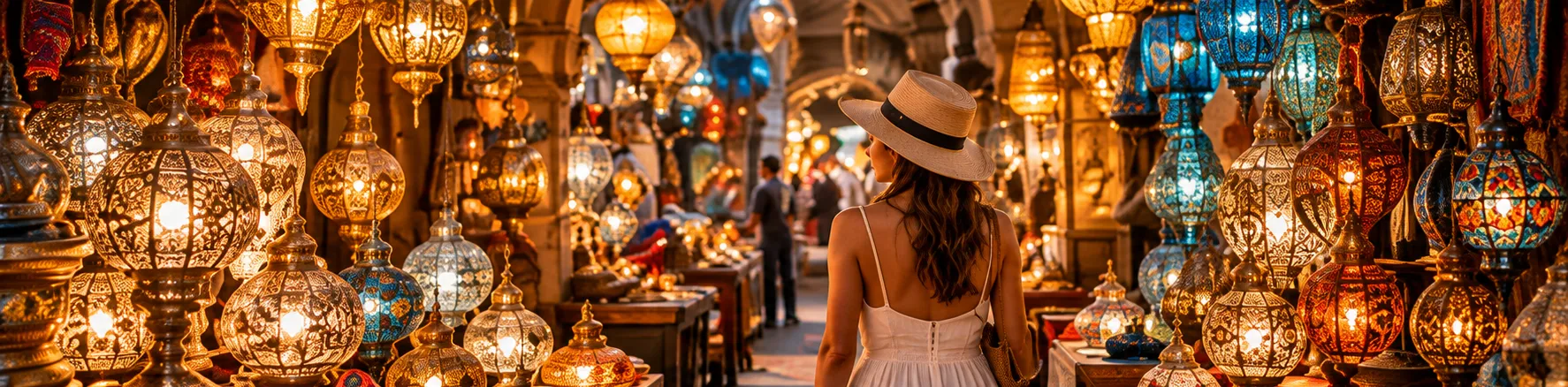 A traveller in a straw hat walking through a lantern-maker's arcade hung with brass and coloured-glass lamps
