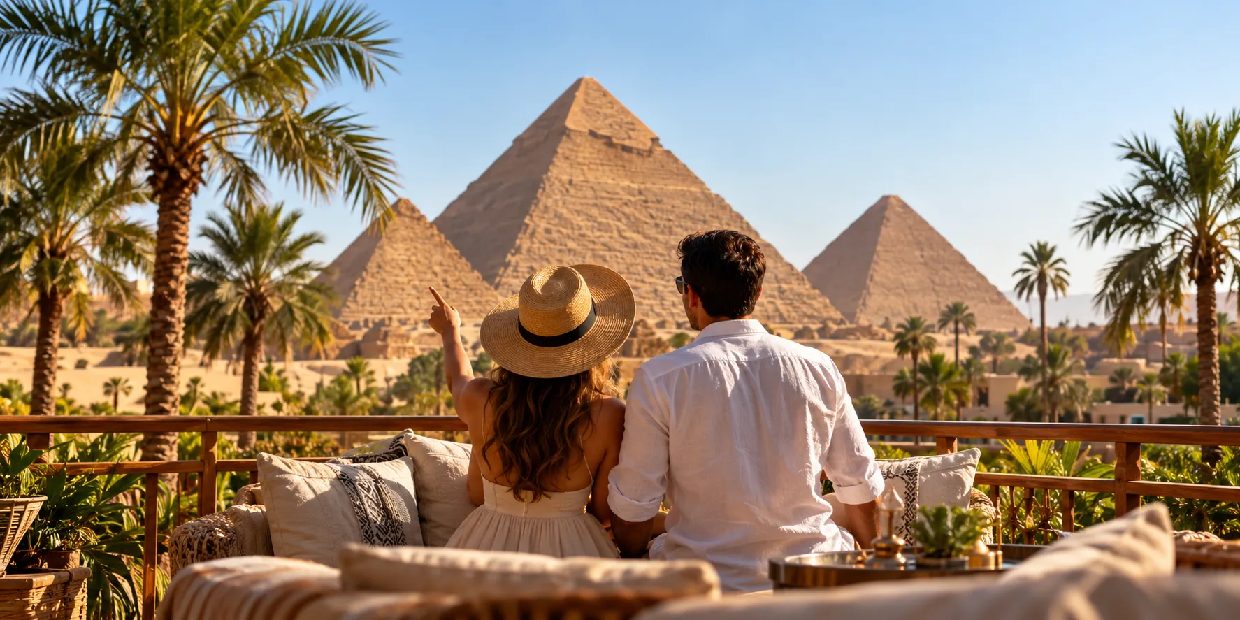 A couple on a shaded terrace looking out at the Pyramids of Giza between the palms