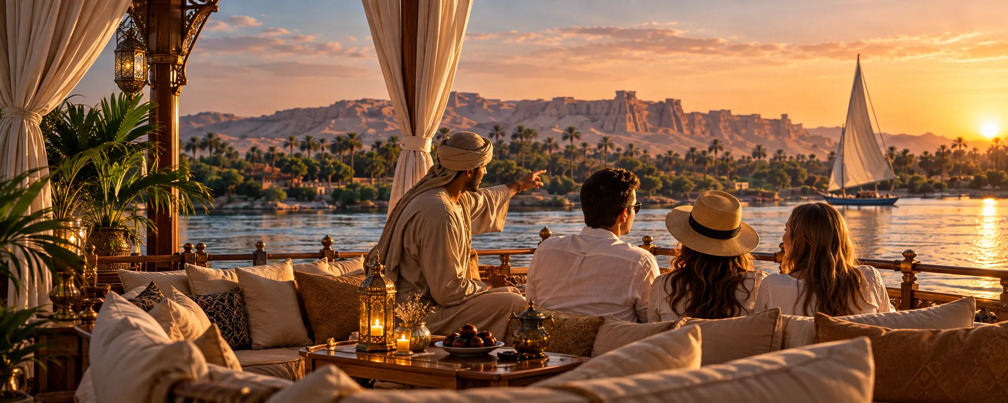 A guide on the deck of a Nile dahabiya pointing out the West Bank cliffs to three travellers at sunset, a felucca sailing past