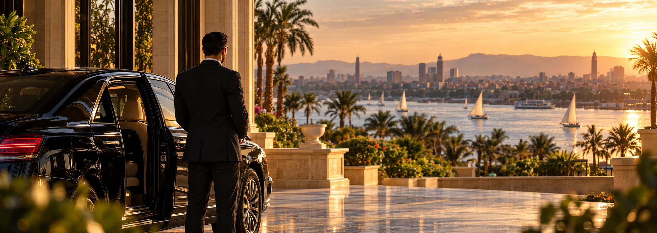 A chauffeur in a dark suit holds open the door of a black car on a marble forecourt, feluccas on the Nile and the Cairo skyline beyond in evening light