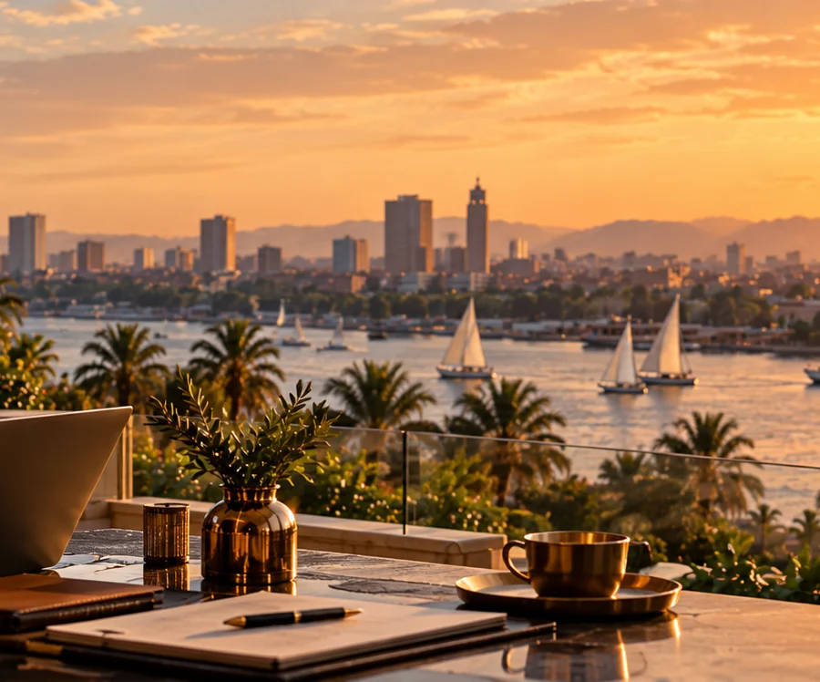 A terrace table with a brass vase and a coffee cup above palm gardens, feluccas crossing the Nile at sunset