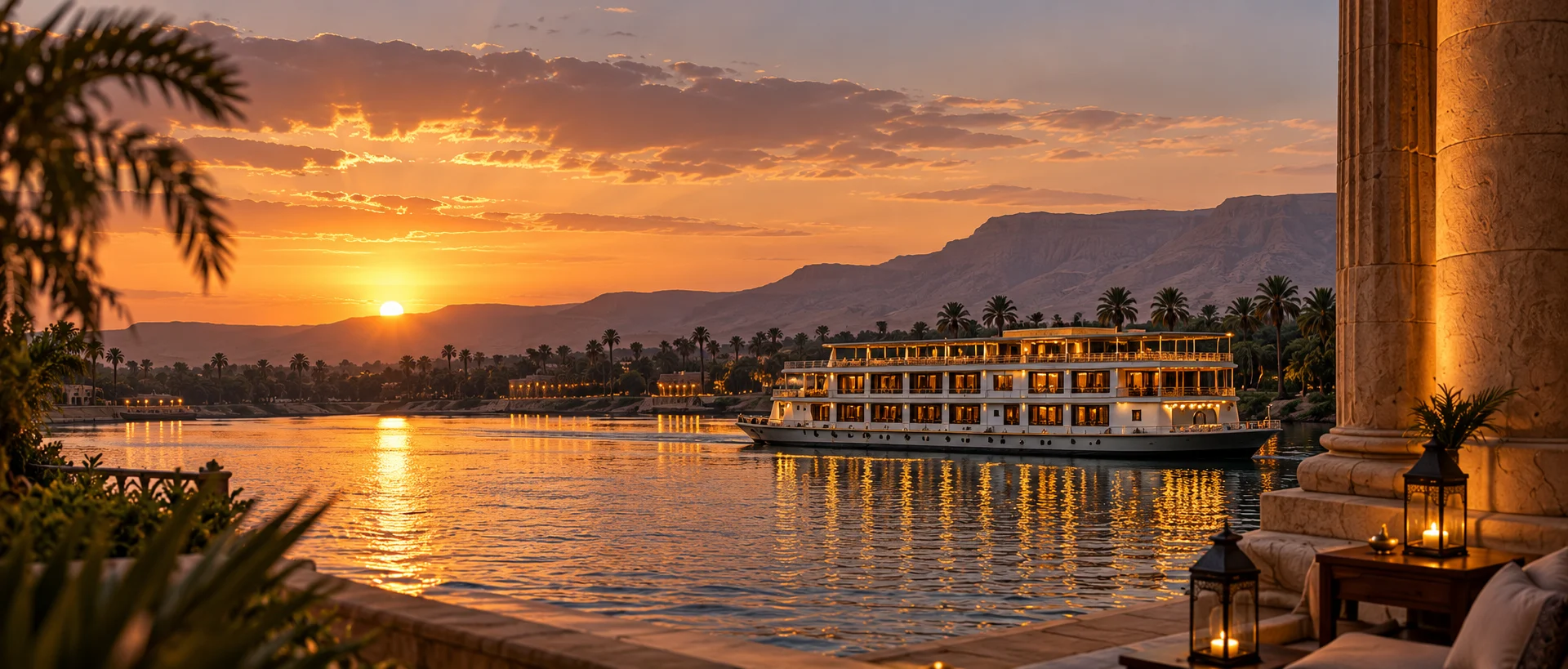 A Nile cruise ship with its decks lit moves along a palm-lined bank at dusk, seen from a stone terrace with lanterns, the Theban hills behind