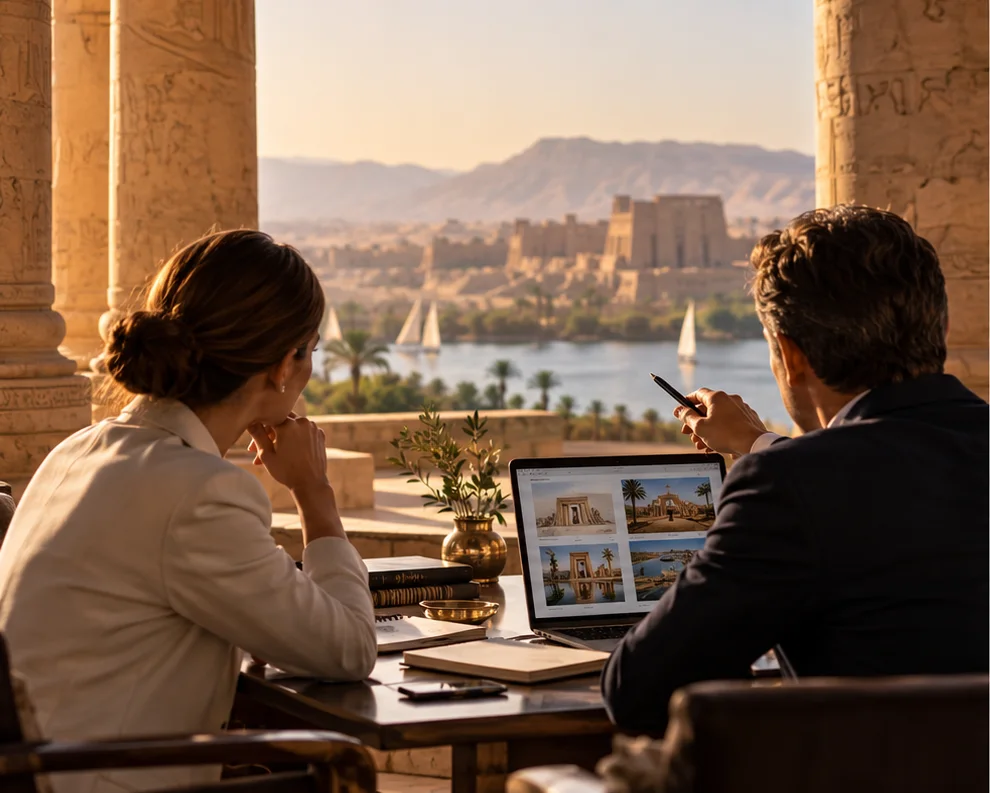 Two travel professionals at a terrace table go through a proposal on a laptop, temple columns beside them and feluccas on the Nile beyond