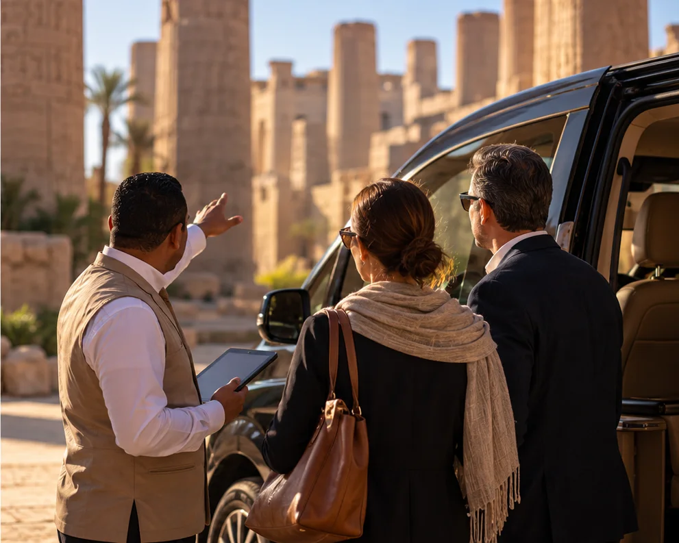 A guide with a tablet points out a temple to two travellers standing beside a black vehicle with its door open