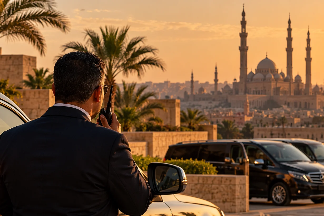 A coordinator in a dark suit speaks into a radio beside a line of black vehicles, the domes and minarets of Cairo behind him at sunset