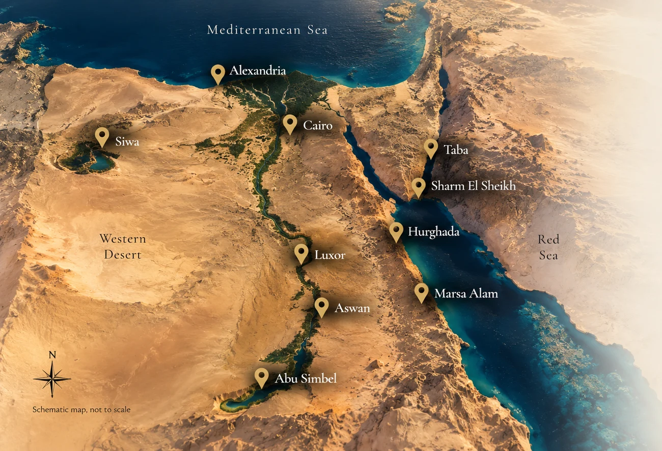 Relief map of Egypt marking the fourteen places Triways covers, from Alexandria and Marsa Matrouh on the Mediterranean, down the Nile to Abu Simbel, and along the Red Sea from Taba to Marsa Alam