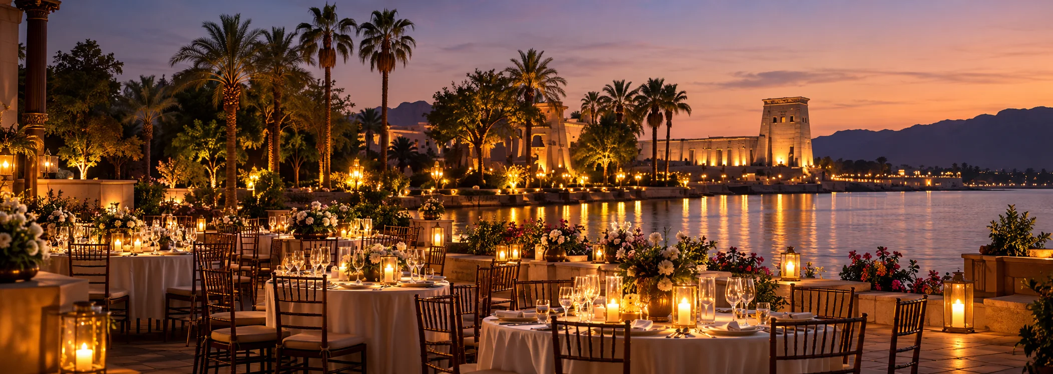 Round tables laid for a gala dinner on a candlelit terrace at dusk, a floodlit temple reflected in the water beyond
