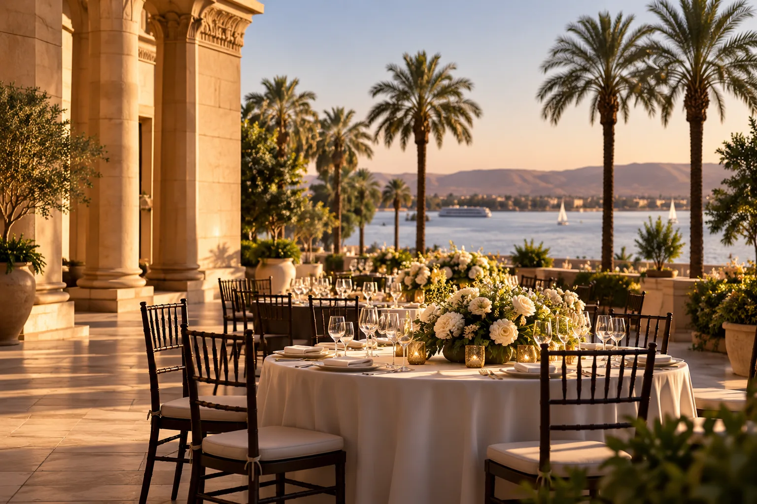 A round table laid with white flowers on a stone terrace beside a colonnade, palms and the Nile beyond in late light