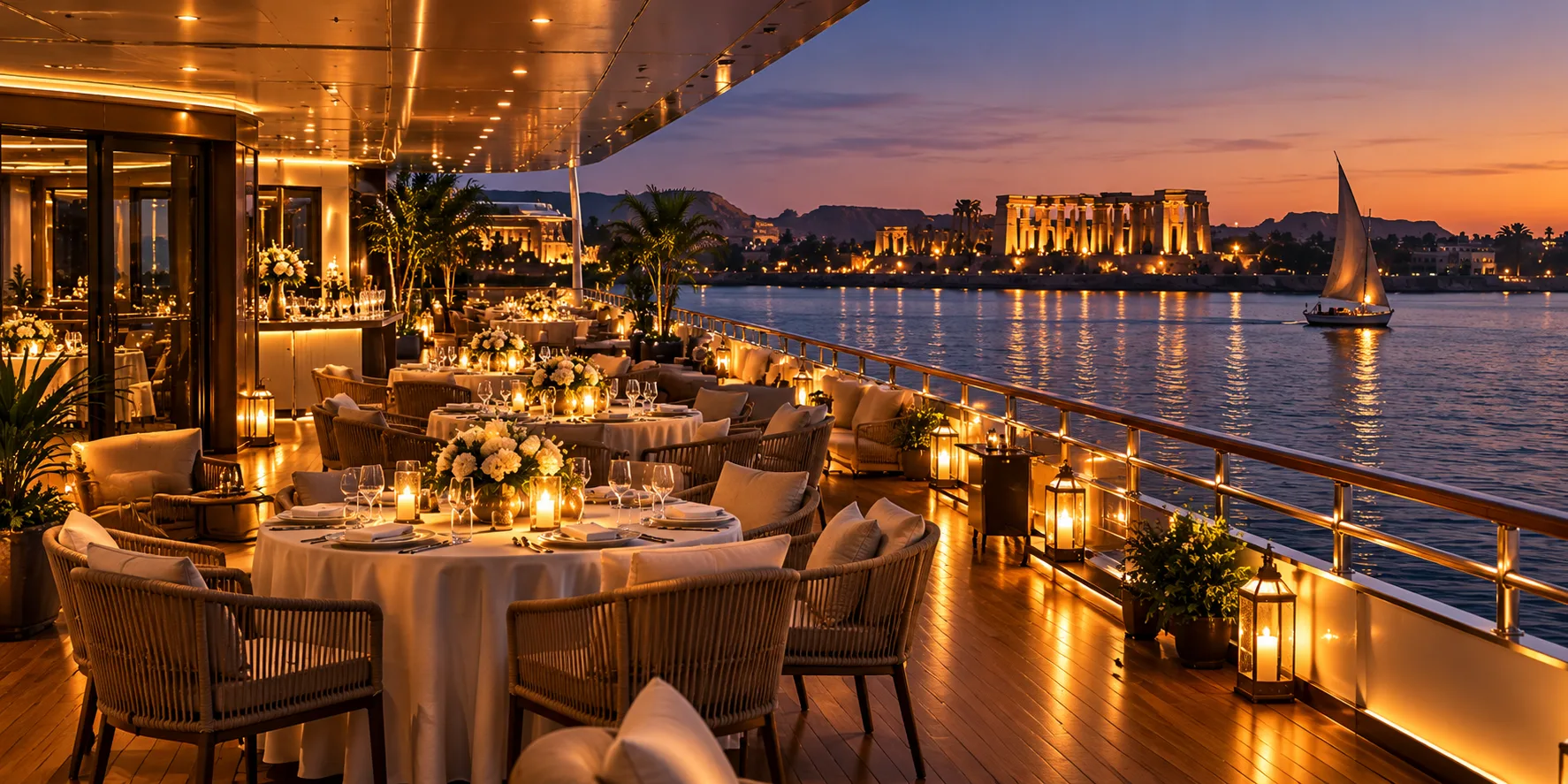Tables laid for dinner on the lantern-lit deck of a Nile cruise ship at dusk, a floodlit temple and a felucca on the far bank